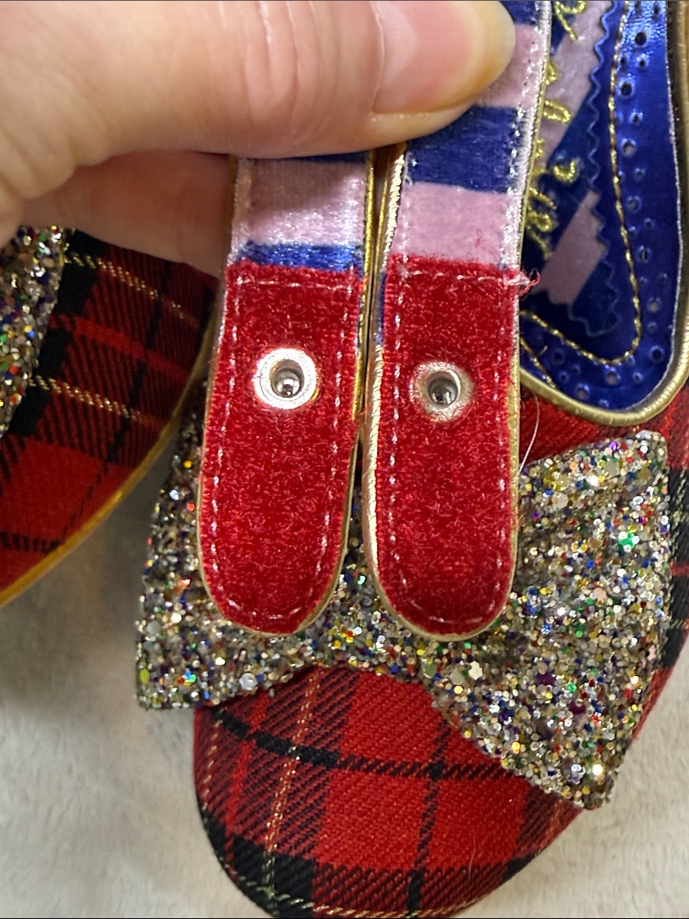 Irregular Choice "Piccolo" Red Tartan Mid Heels w/ Glitter Bows & Hilda Sole 9 - Picture 8 of 12
